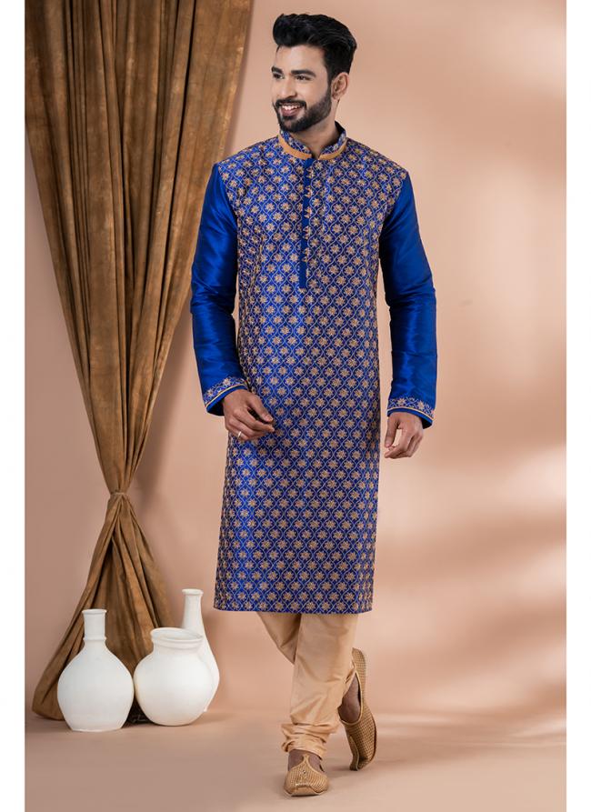 Banarasi Dhupion Blue Festival Wear Embroidery Work Kurta Pajama